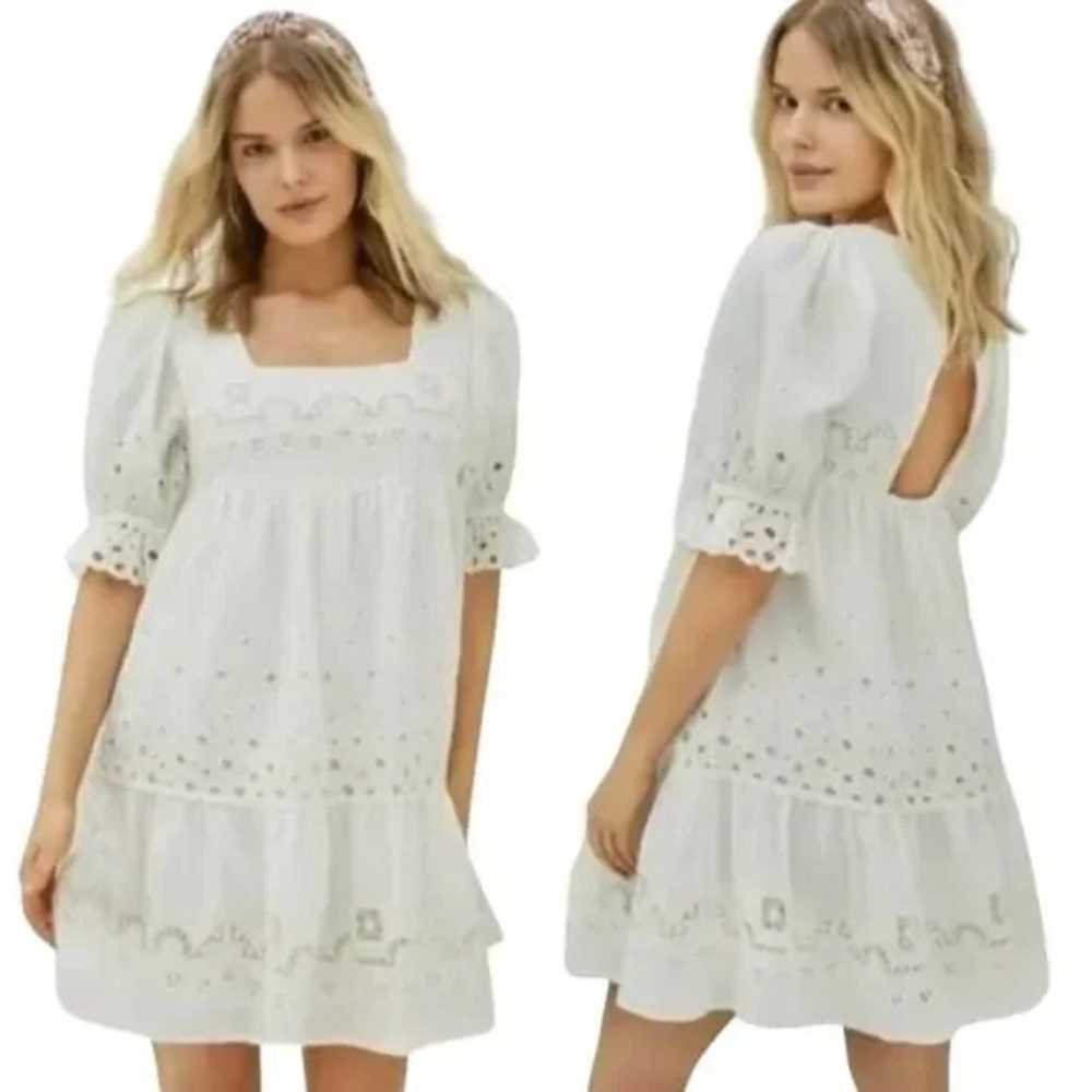 Forever That Girl Women's White Eyelet Puff Sleeve Dress Open Back size‎ xs